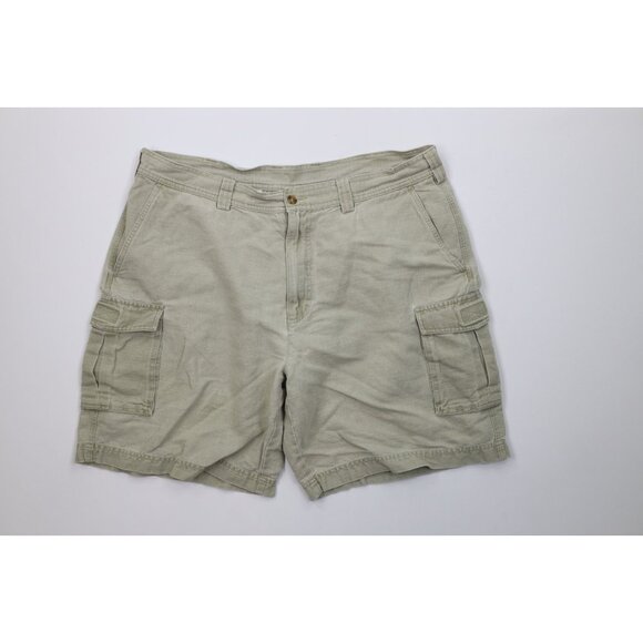 Vintage 90s LL Bean Mens 38 Faded Above Knee Linen Blend Stonewash Cargo Shorts - Picture 1 of 11